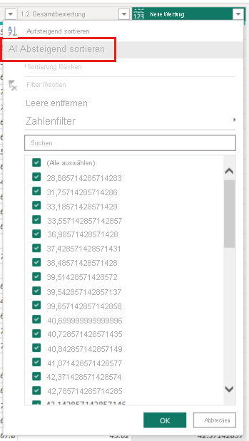 Screenshot: Power Query-Editor mit der Spalte „Neue Bewertung“ mit hervorgehobener Option „Absteigend sortieren“.