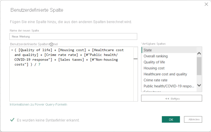 Screenshot: Dialogfeld „Benutzerdefinierte Spalte“ in Power Query-Editor mit behobenen Formelfehlern.