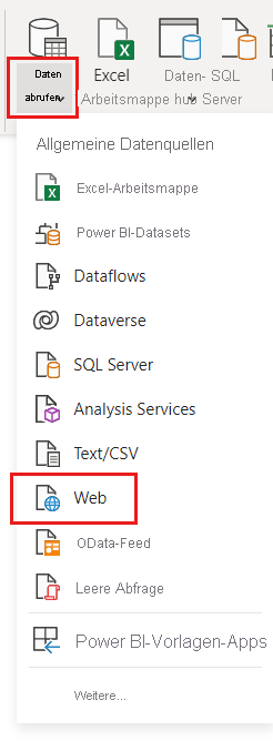 Screenshot: Power Query-Editor mit ausgewähltem Menü „Daten abrufen“ und „Webquelle“.