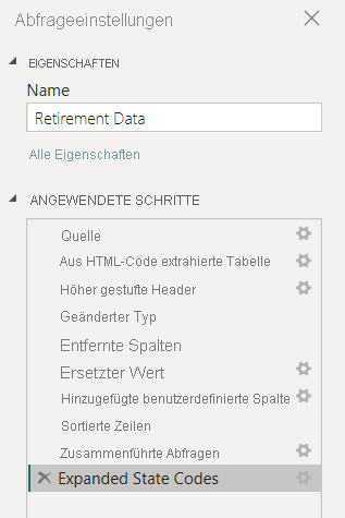 Screenshot: Power Query-Editor mit dem Bereich „Abfrageeinstellungen“ und der Liste „Angewendete Schritte“.