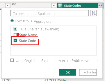 Screenshot: Dialogfeld „Erweitern“ in Power Query-Editor mit hervorgehobener Spalte „Code für Bundesstaat“.