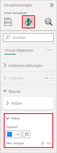 Screenshot: Ausgewähltes Formatsymbol mit geöffneter Option „Blasen“ und hervorgehobener Option „Farben“