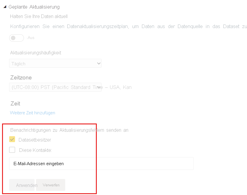 Screenshot des Abschnitts in den Einstellungen des semantischen Modells zum Ändern der Power BI-E-Mail-Aktualisierungsbenachrichtigungen.