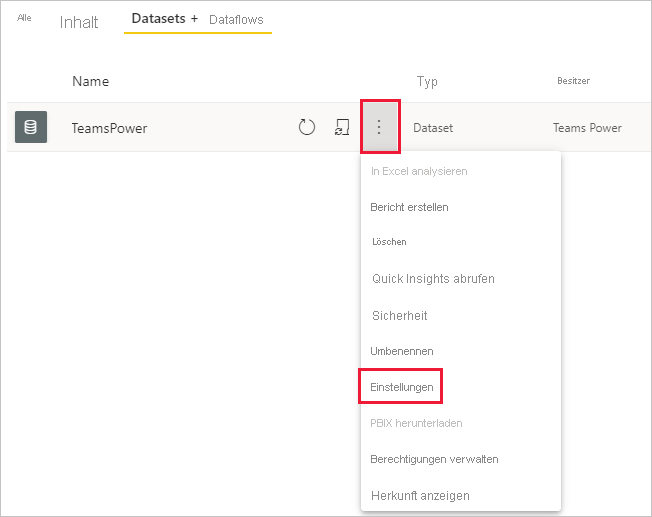 Screenshot von Semantikmodellen und Dataflows in einem Arbeitsbereich mit hervorgehobenen Einstellungen.