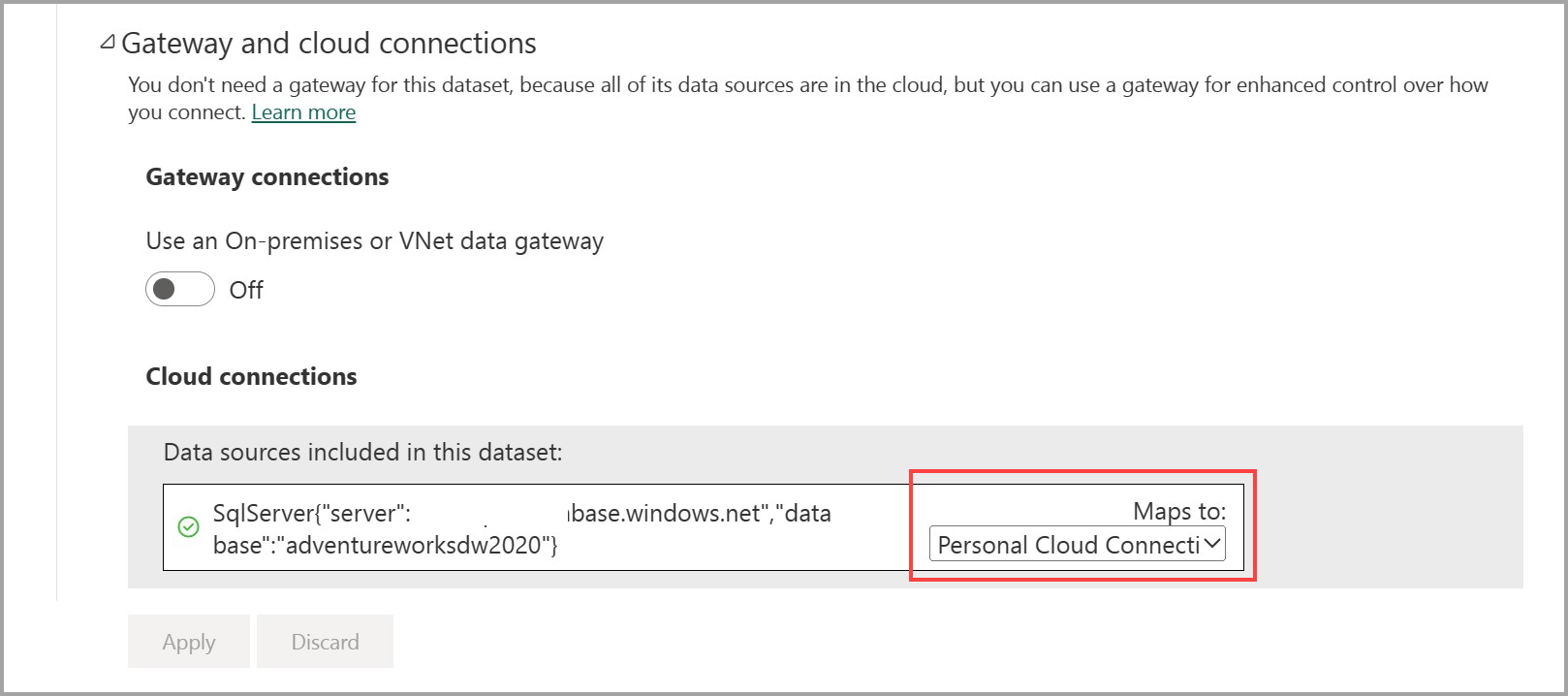 Screenshot der standardmäßigen Cloudverbindung für die persönliche Cloudverbindung.