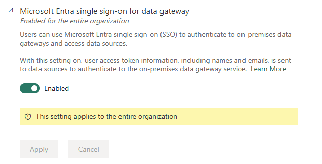 Screenshot des Microsoft Entra SSO für Gatewayfeatures im Power BI-Verwaltungsportal.