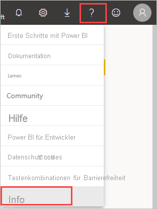 Screenshot des Fragezeichens, in dem Sie den Standort Ihres Power BI-Mandanten bestimmen können.