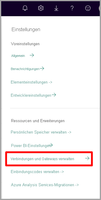 Screenshot: Zahnradsymbol mit dem Kontextmenü mit ausgewählter Option „Verbindungen und Gateways verwalten“.