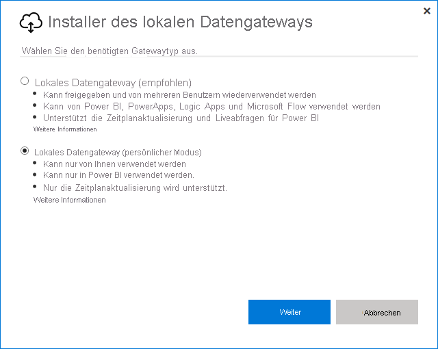 Screenshot: Auswählen des lokalen Datengateways (persönlicher Modus)