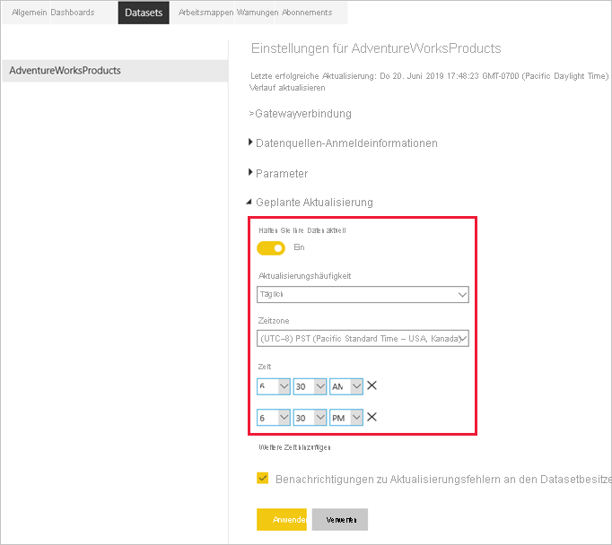 Screenshot: Konfigurieren der geplanten Aktualisierung.