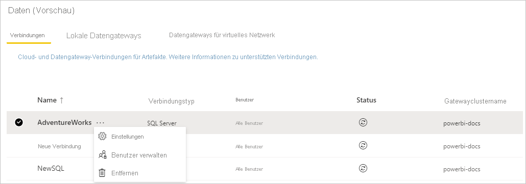 Screenshot that shows the Settings selection for the gateway data source.