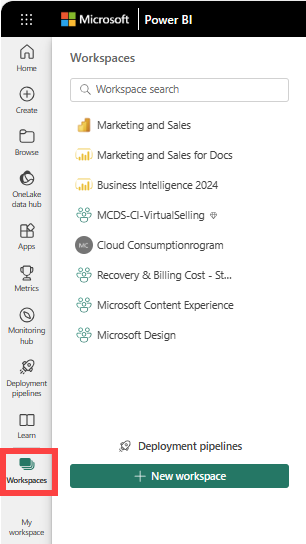 Screenshot: Power BI mit ausgewählten Arbeitsbereichen