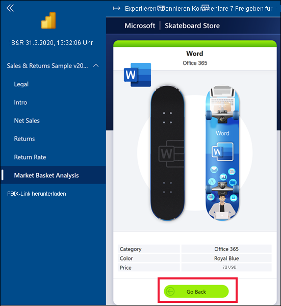Screenshot der Berichtsseite „Market basket analysis“ mit hervorgehobener Schaltfläche „Zurück“.