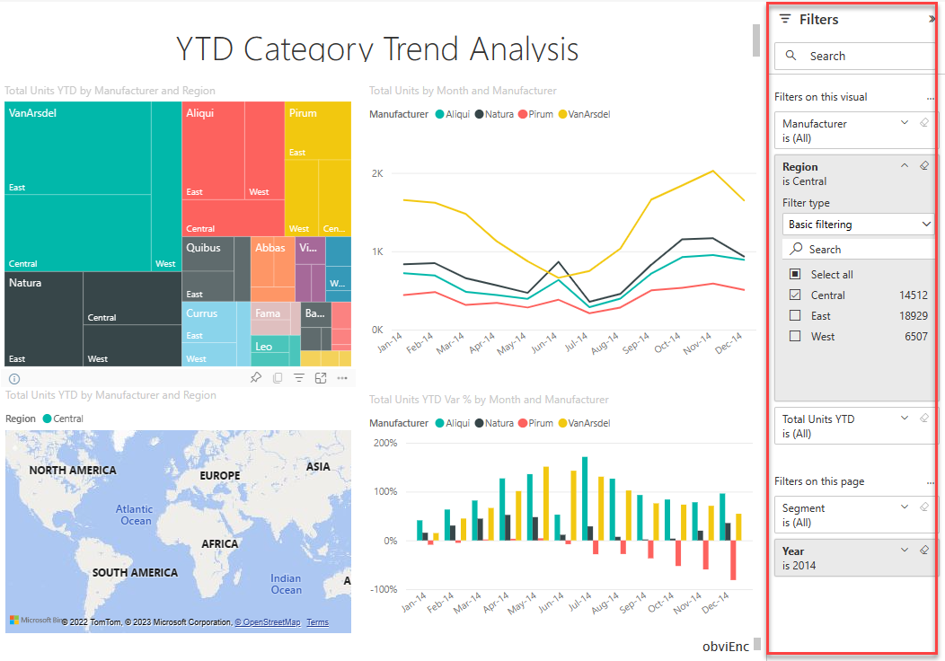 Screenshot eines geöffneten Berichts im Power BI-Dienst mit erweitertem Bereich „Filter“