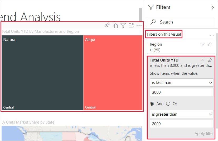 Screenshot eines Berichts mit dem Filter zum Anzeigen des ausgewählten Treemap-Visuals