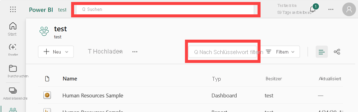 Screenshot: Arbeitsbereich mit zwei verschiedenen Suchfeldern.