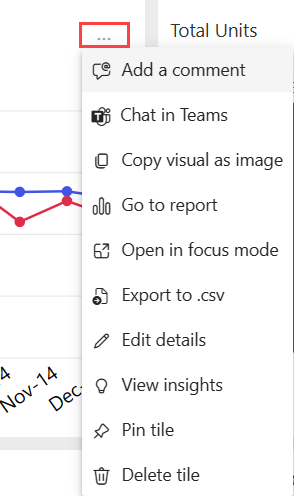 Screenshot: Optionen im Aktionsmenü einer Power BI-Kachel.