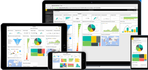 Figure that shows various mobile devices with the Power BI app installed.