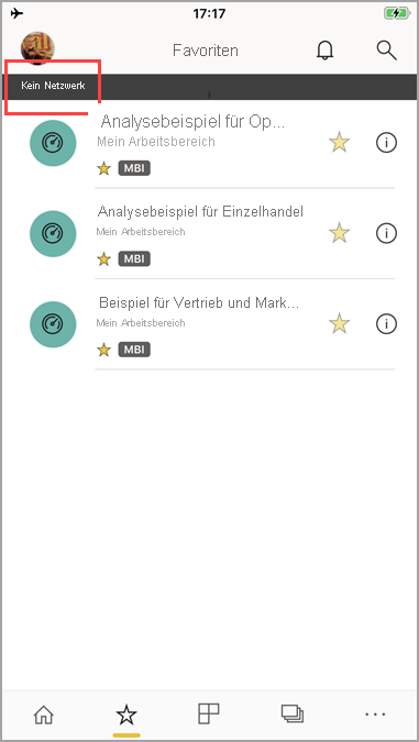 Screenshot der mobilen Power BI-App mit der Meldung „Kein Netzwerk