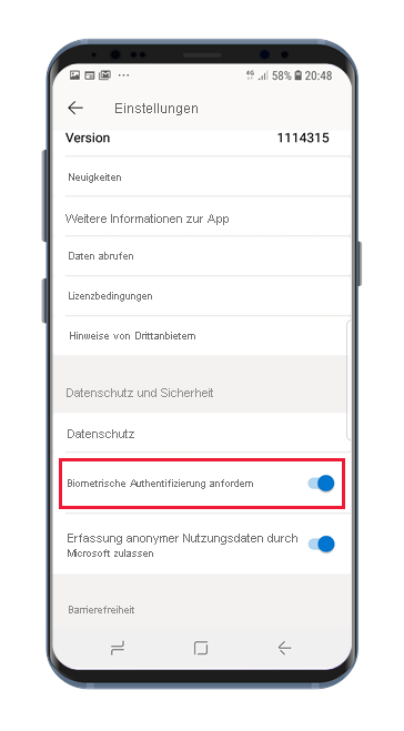 Power BI Android app setting page