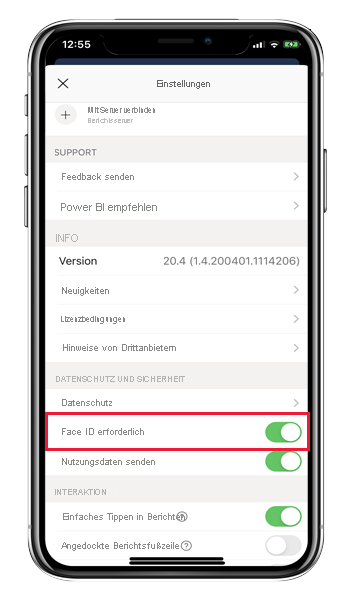 Power BI iOS app setting page