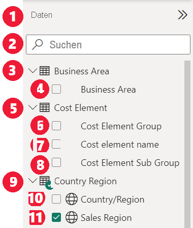 Screenshot of the focus progression for the Data list with expanded tables.