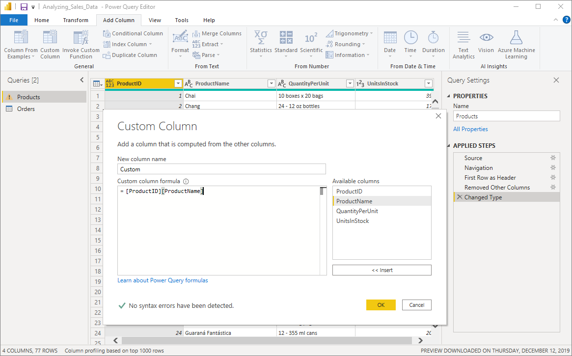 Screenshot: Tabelle in einem Power BI-Dataflow mit hervorgehobenem Symbol für 