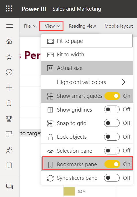 Screenshot: Aktivieren des Bereichs „Lesezeichen“ im Power BI-Dienst.