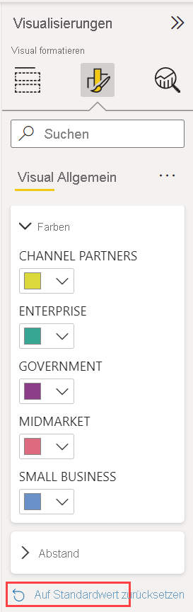 Screenshot des Dropdownmenüs „Visualisierungen“ mit hervorgehobener Option „Auf Standard zurücksetzen“