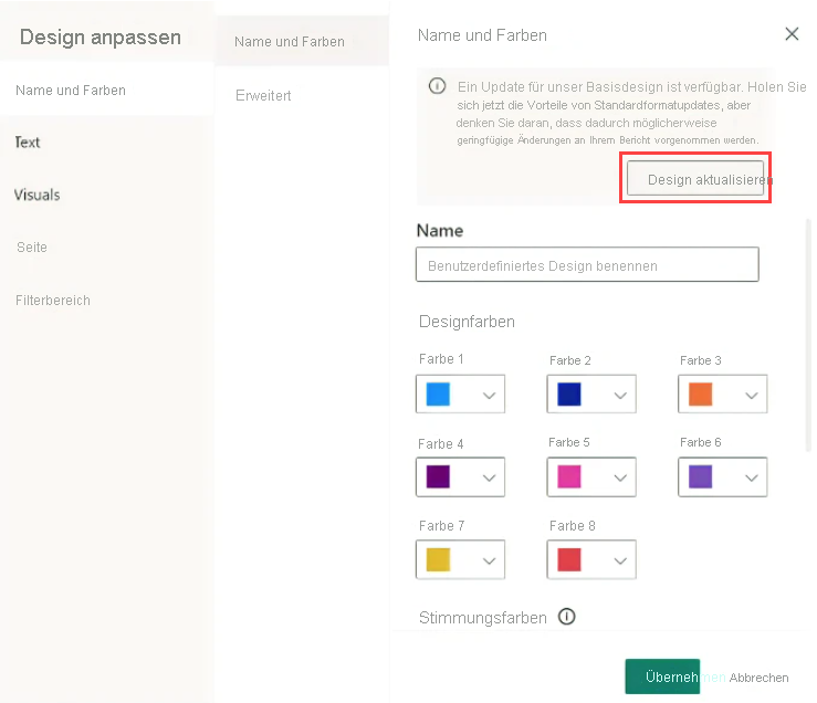 Screenshot: Option „Design aktualisieren“.