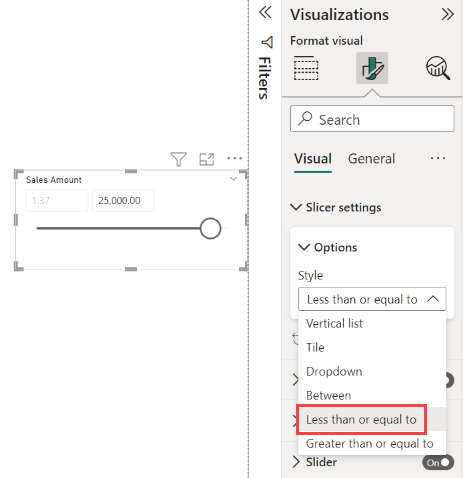 Screenshot eines Visuals mit hervorgehobenem Datenschnitt „Numerischer Bereich”, festgelegt auf „Kleiner als oder gleich”.