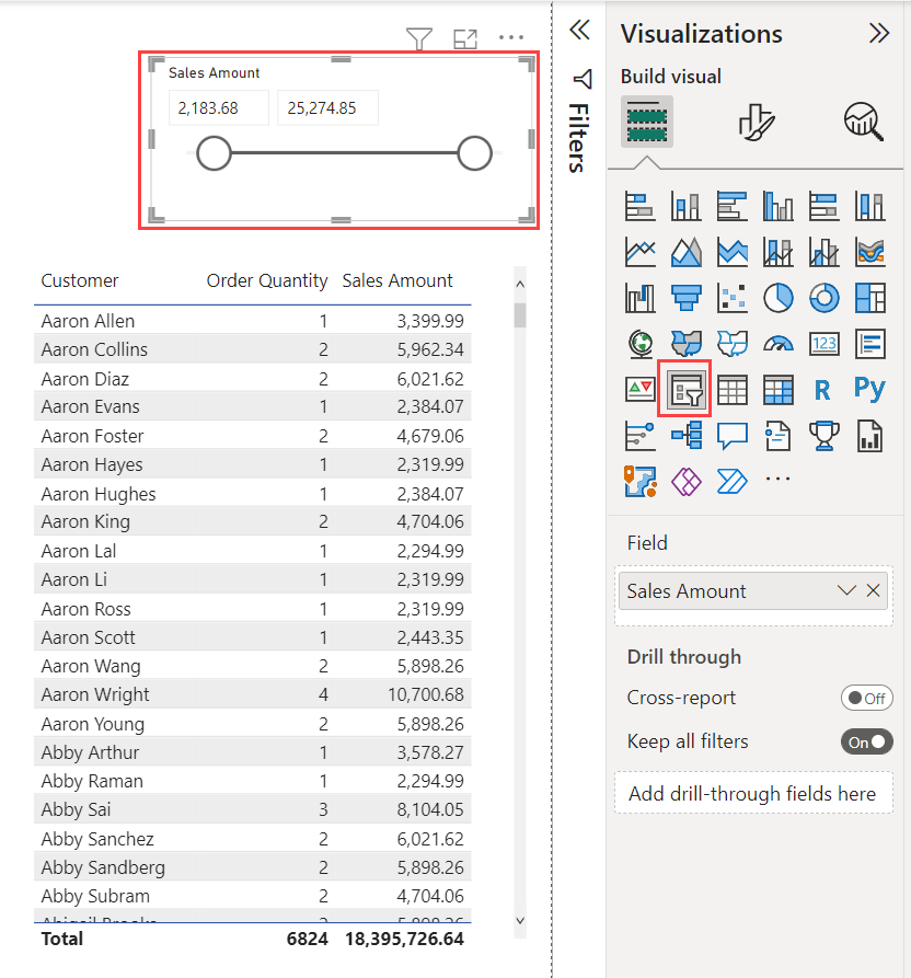 Screenshot eines Visuals mit hervorgehobenem Datenschnitt für numerische Bereiche.