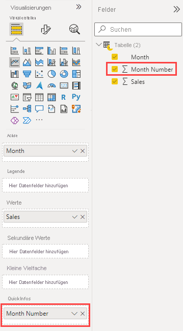 Screenshot des Power BI-Diensts. Im Bereich „Visualisierungen“ enthält der Felderbuckrt „QuickInfos“ das Feld „Monatsnummer“, das hervorgehoben ist.