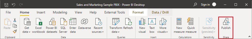 Screenshot des Power BI Home-Bandes mit der Markierung Veröffentlichen.