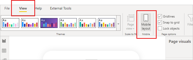 Screenshot der Schaltfläche „Layout für Mobilgeräte“ im Menüband „Ansicht“ in Power BI Desktop.