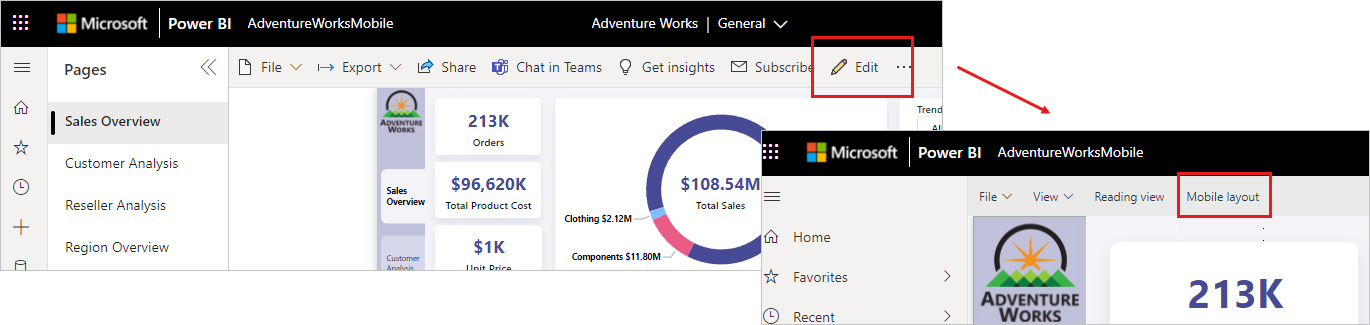 Screenshot des Layoutschalters im Power BI-Dienst