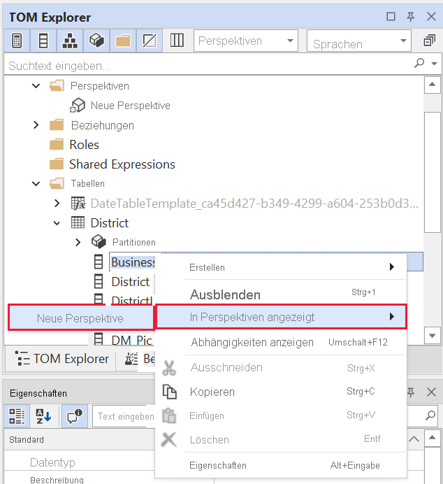 Screenshot des Tabular Editor-Kontextmenüs mit Hervorhebung von „In Perspektiven angezeigt“.