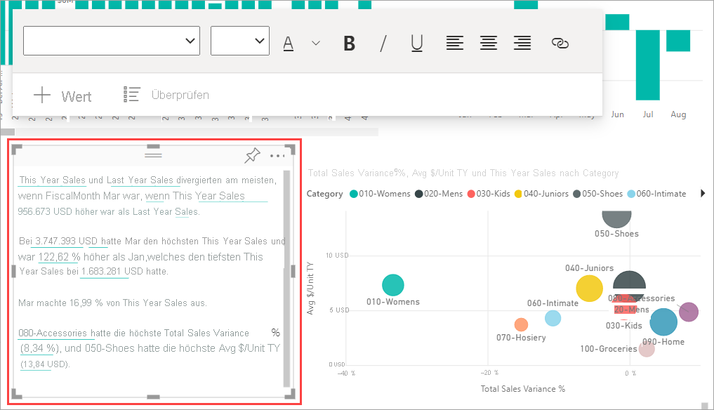 Screenshot des Power BI-Diensts mit Hervorhebung des Smart Narrative-Textfelds