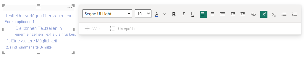 Screenshot des Textfelds mit Beispielschriftart, Schriftgrad und Ausrichtung