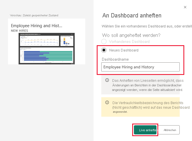 Screenshot shows the Pin to dashboard dialog box for adding to a new dashboard.