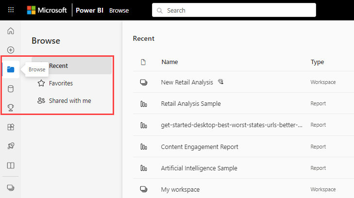 Screenshot der neuen Seite „Durchsuchen“ im Power BI-Dienst