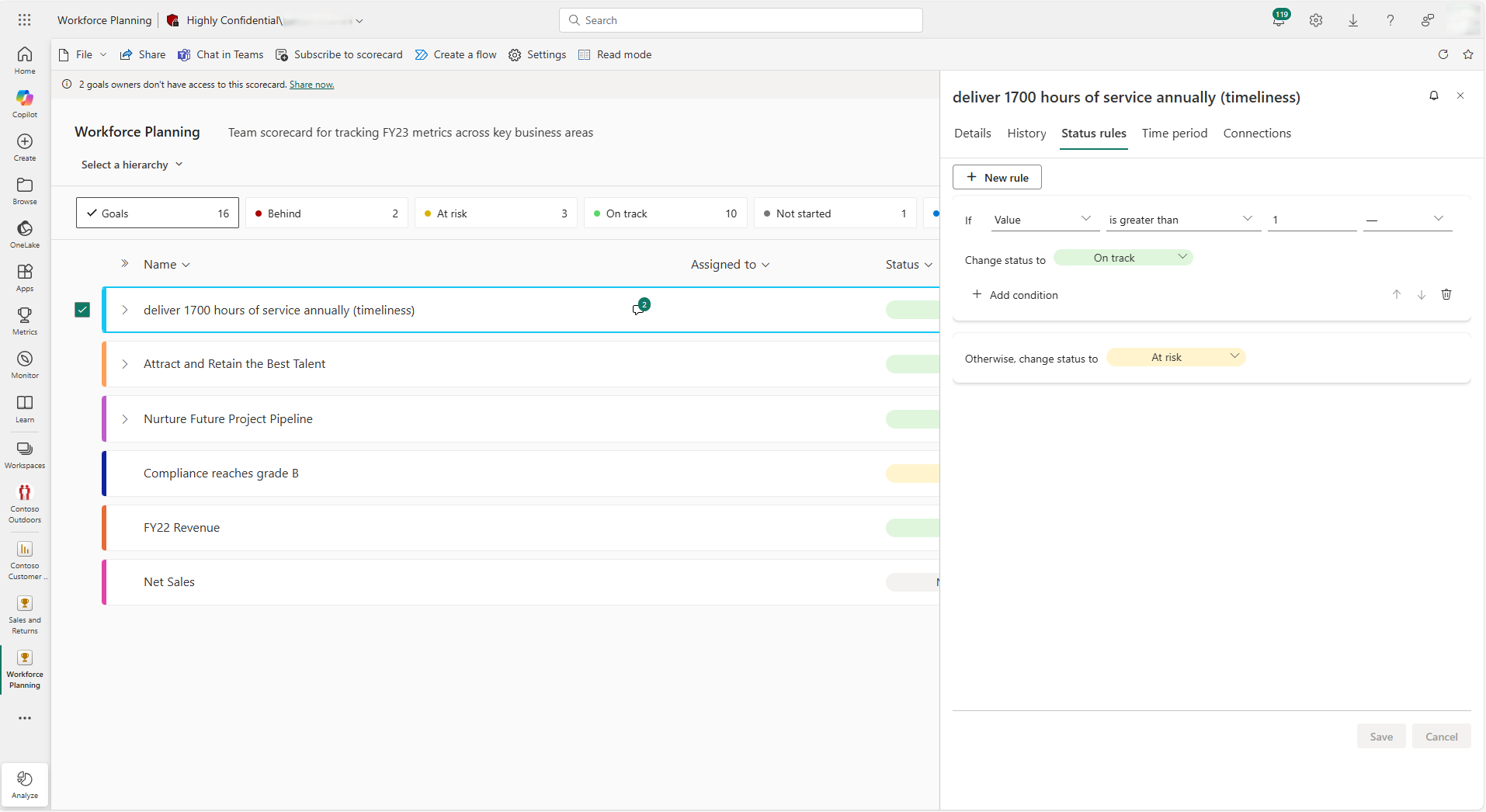 Screenshot Showing the different types of status rules including value based, % of target based, and date based.