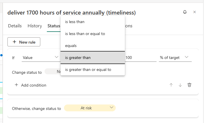 Screenshot of Setting the value for the rule.