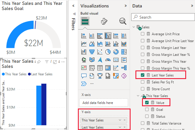 Screenshot der Visualisierung, wobei im Datenbereich Vorjahresumsatz und Wert ausgewählt sind.