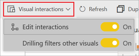 Screenshot des Power BI-Dienstes mit Hervorhebung der Dropdownliste „Visualinteraktionen“