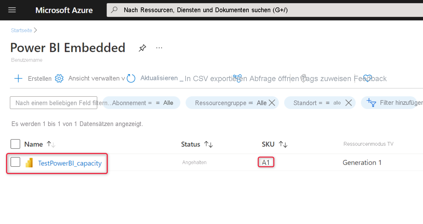 Screenshot of Power BI Embedded capacity list in Azure portal.