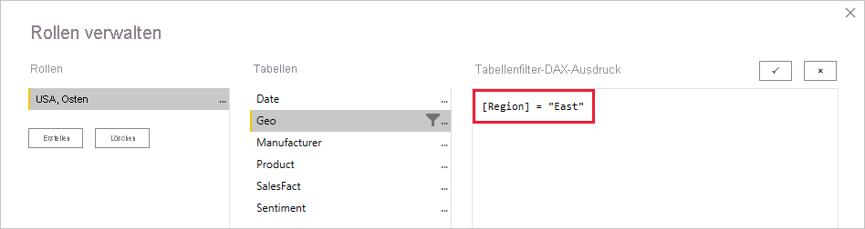 Screenshot, der die Definition einer statischen RLS-Rolle darstellt.