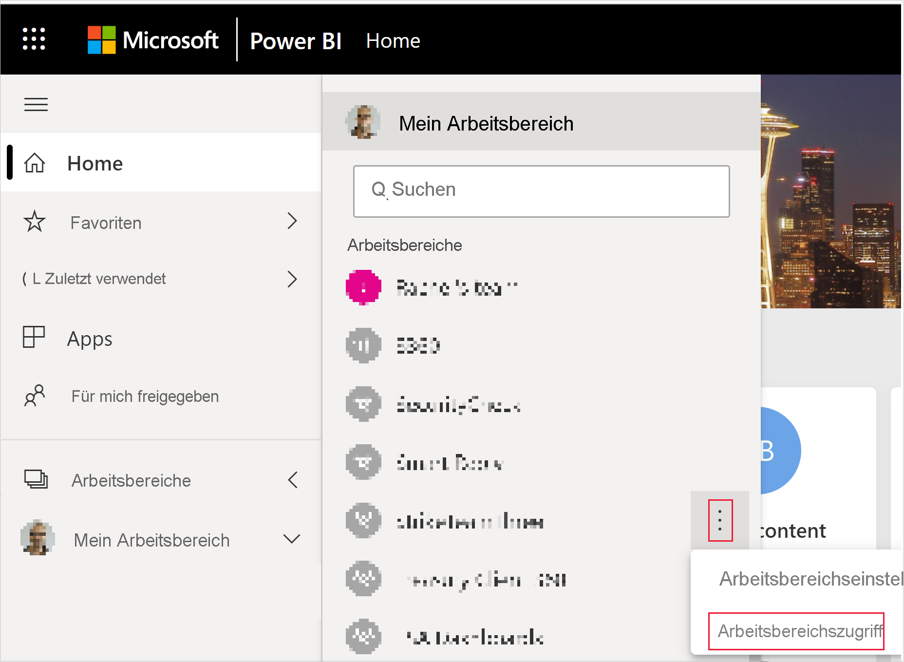 Screenshot der Schaltfläche „Arbeitsbereichszugriff“ im Menü „Mehr“ eines Power BI-Arbeitsbereichs