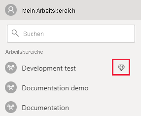 Screenshot der Power BI-Dienst. In der Liste Arbeitsbereiche wird neben dem Namen eines Arbeitsbereichs, dem eine Kapazität zugewiesen ist, eine Raute angezeigt.