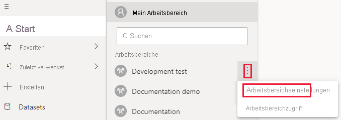 Screenshot der Power BI-Dienst mit erweitertem Menü 